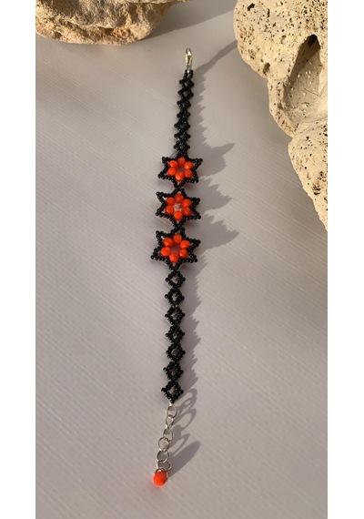 Turuncu Ve Siyah Renkli Yıldız Desenli Miyoki Boncuk Bileklik Beyaz