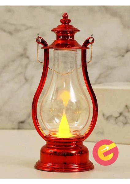 Retro Alev Efektli Led Lamba Pilli Gaz Lambası Modeli Kandil Atmosfer Dekoratif Ramazan Yılbaşı Aydınlatma Kırmızı