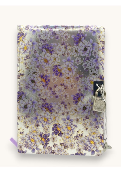 Parlak Çiçekler Hatıra Defteri Günlük Kilitli Defter 80 Yaprak -mor