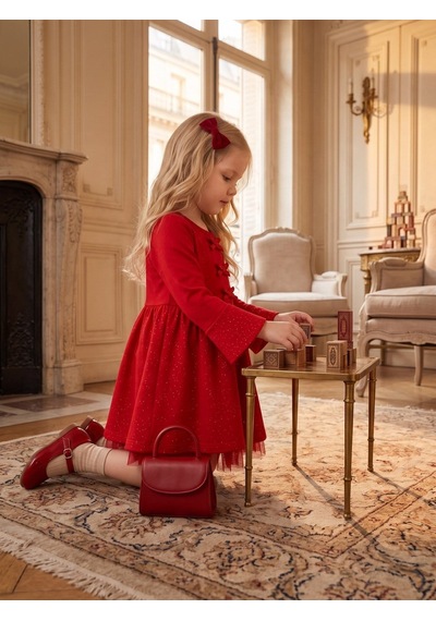 Zekids Kız Çocuk Simli Fiyonk Detaylı Tüllü Elbise-17585 Kırmızı