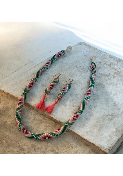 Pembe Yeşil Desenli El Yapımı Cam Boncuk Kolye Ve Küpe Seti Beyaz - Pembe
