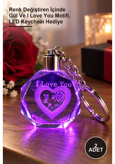 2 Adet Işıklı Kristal Anahtarlık Renk Değiştiren İçinde Gül Ve I Love You Motifi, Led Keychain Hediye