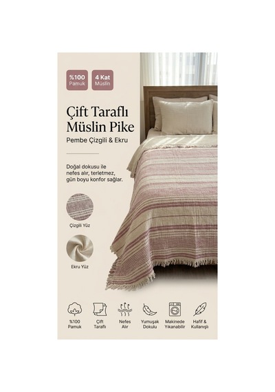 %100 Pamuk 4 Kat Müslin Bataniye Yorgan Pike 220 240 Yatak Örtüsü Pembe - 872847612 Pembe