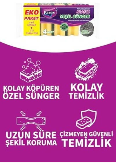 Klasik Yeşil Sünger Oluklu 4'lü + 2'li Ovma Teli