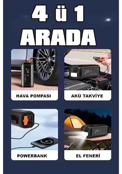 Ht15 2 Fonksiyonlu Akü Takviye & Hava Kompresörü 12v 150 Psı Dijital Lastik Pompası Powerbank Özellikli 0 - 150 Psı 0 - 10 Bar