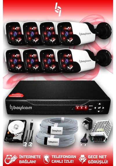 Bayicam 8 Kameralı Panda 8 Dış Kamera Set 1 TB HDD Full HD Gece Görüşlü Güvenlik Kamerası Sistemi
