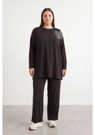 Puane Omuz Çiçek Desen Büyük Beden Pantolonlu Takım 19287 Brown Browni