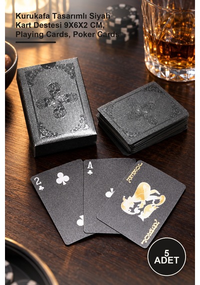 5 Adet İskambil Oyun Kartı Kurukafa Tasarımlı Siyah Kart Destesi 9x6x2 Cm, Playing Cards, Poker Cards