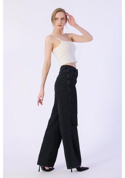 Yüksek Bel Wide Leg Dizler Lazerlı Jeans-siyah Siyah
