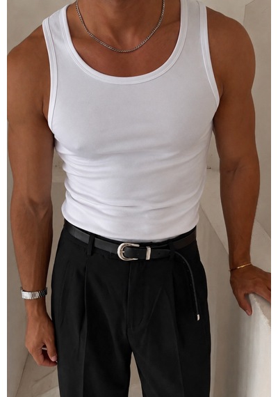Tarz Cool Erkek Beyaz Slim Fit Ribana Bisiklet Yaka Likralı Süprem Atlet