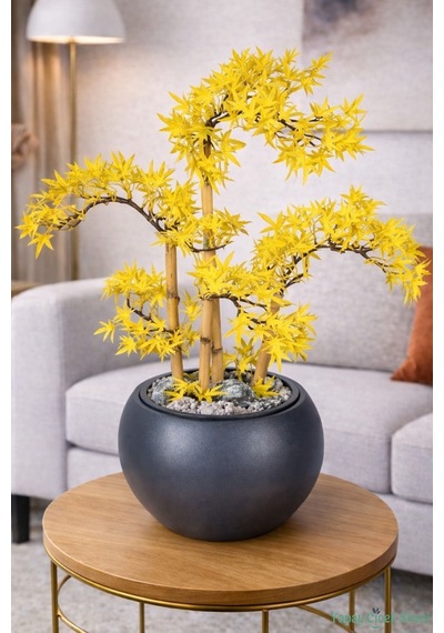 Yapay Çiçek Sitesi Antrasit Küre Saksıda Modern Minimal Tasarım Yapay Bonsai Ağacı Sarı 65 Cm
