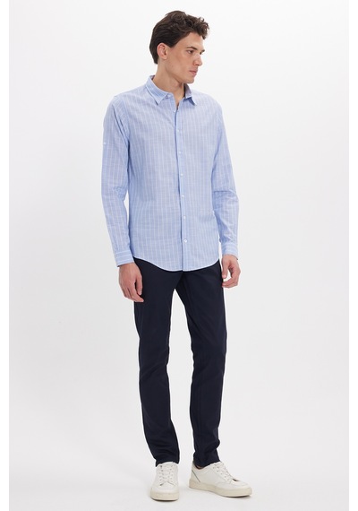 Tudors Erkek Slim Fit Dar Kesim Uzun Kollu %100 Pamuk Keten Doku Çizgili Gömlek-42647 Mavi