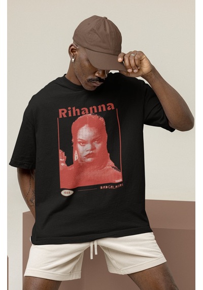 Sevbano Tasarım Rihanna Şarkıcı Baskılı Unisex Oversize Tişört Siyah