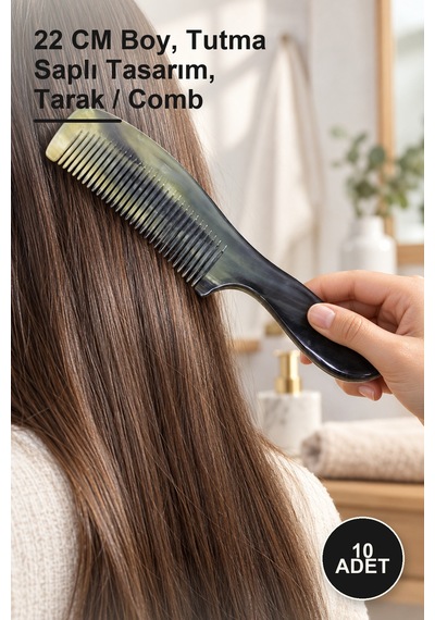 10 Adet Tutmalı Kemik Tarak 22 Cm Boy, Tutma Saplı Tasarım, Tarak / Comb Doğal