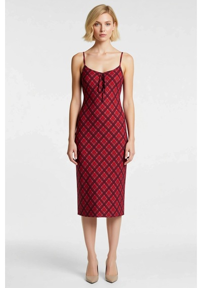 Benerly Kadın Kare Yaka Kolsuz Ekose Desenli Bodycon Kalıp Tül Maxi Elbis Kırmızı