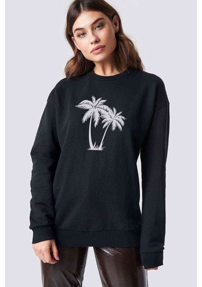 Silhouette Palm Trees Baskılı Siyah Kadın Sweashirt
