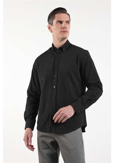 İmza Siyah Oxford Düğmeli Yaka Uzun Kol Cepsiz Slim Fit Pamuklu Gömlek 1004260182