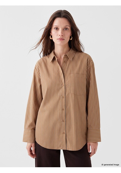 Lcw Modest Sarı Çizgili Oversize Poplin Kadın Gömlek