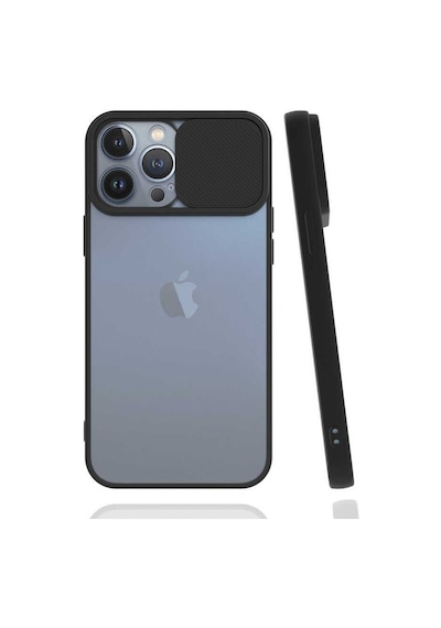 Noktaks - Apple Uyumlu iPhone 13 Pro Max - Kılıf Slayt Sürgülü Arkası Buzlu Lensi Kapak - Siyah
