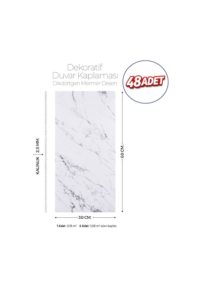 30x60 Cm Kendinden Yapışkanlı Duvar,banyo,tezgah Arası Mermer Desen-48 Adet 30 X 60 Cm