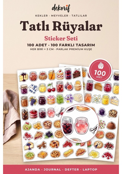 Pasta Ve Tatlı Sticker Seti 100 Adet - Meyveli Kek Kurabiye Pastane Suluboya Ajanda Journal Çıkartma Çok Renkli