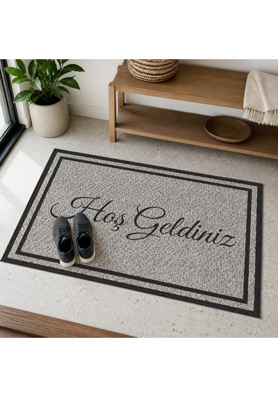 Kartela Halı Hoş Geldiniz Yazılı Çift Çerçeveli Kapı Paspası Antrasit Kaymaz Kauçuk Taban 40x60 Cm