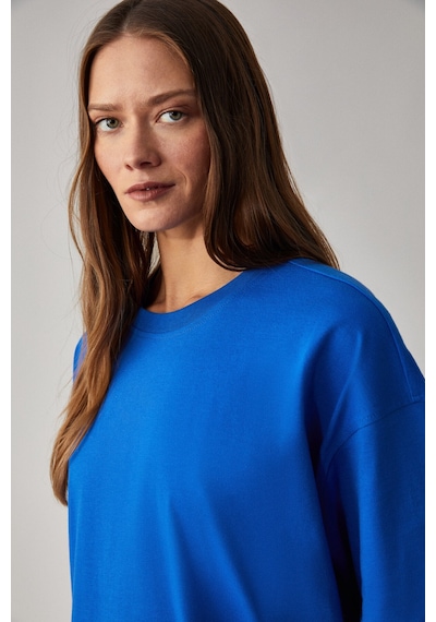 Grimelange LAGERTHA Kadın %100 organik Pamuklu Kalın Dokulu Oversize Fit Yuvarlak Yakalı Mavi T-Shirt