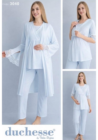 Duchesse 3040 3'lü Hamile Lohusa Pijama Sabahlık Takım Mavi