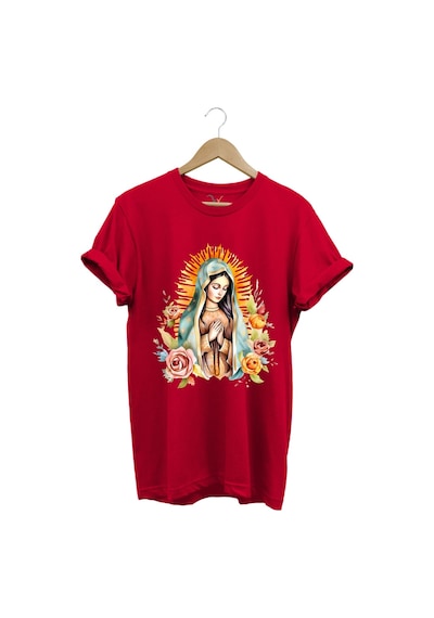 Renkli Meryem Ana Baskılı %100 Pamuk Regular Fit Bisiklet Yaka Kırmızı T-shirt Kırmızı
