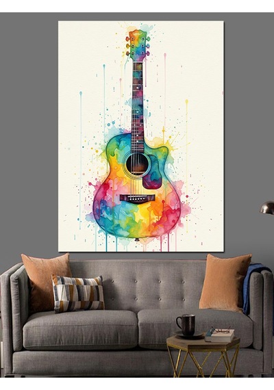 Sulu Boya Gitar Soyut Çizim Dekoratif Kanvas - Mdf Ahşap Tablo