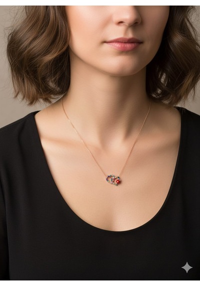 925 Ayar Papatya Silver Mix Taşlı Çift Kalp Uğur Böceği Kolye.rose.gold.rodaj Gümüş