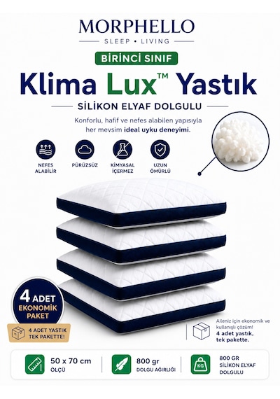 Morphello Klimalux Birinci Sınıf Klimalı Yastık 50x70 Cm 800 Gr Silikon Elyaf Dolgulu Nefes Alan Yan Spacer Makinede Yıkanabilir 4 Adet Beyaz-lacivert Spacer