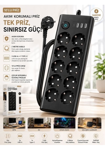 10'lu Priz, 3 Usb, 3.4 Amper, 1 Type-c Girişli 16a Akım Korumalı Uzatma Kablolu Priz Çoklayıcı 1 - 3 M