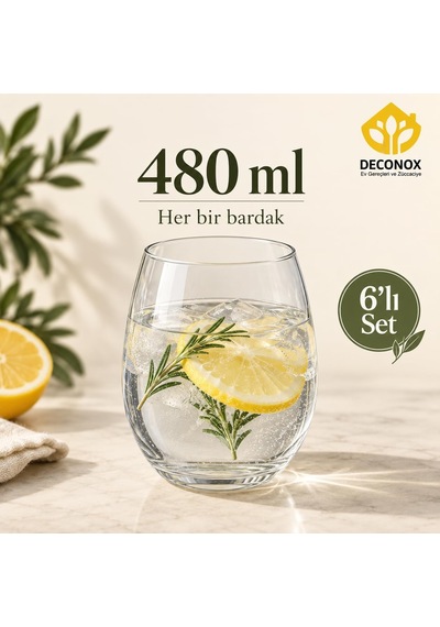Tr Cam Su Bardağı Seti 6'li, Her Bardak 480 Ml, Şeffaf Tombul Meşrubat Bardağı, Yuvarlak Gövdeli Limonata Ve Meyv Genel