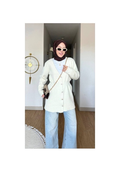 Nes Moda Kadın Düğme Detaylı Bel Büzgülü Angora Tesettür Triko Hırka Kazak Krem Krem