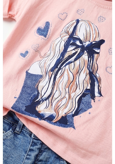 Joy Kids Kız Çocuk Kot Şortlu Taşlı Takım 3-10yaş Pembe AÇIK PEMBE