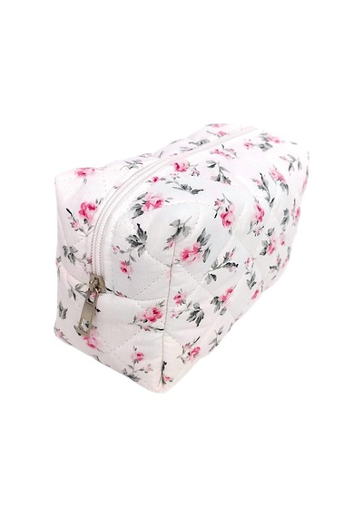 Makyaj Çantası Makeup Bag Kapitone Bakım Seyahat Kozmetik Çantası Beyaz-pembe