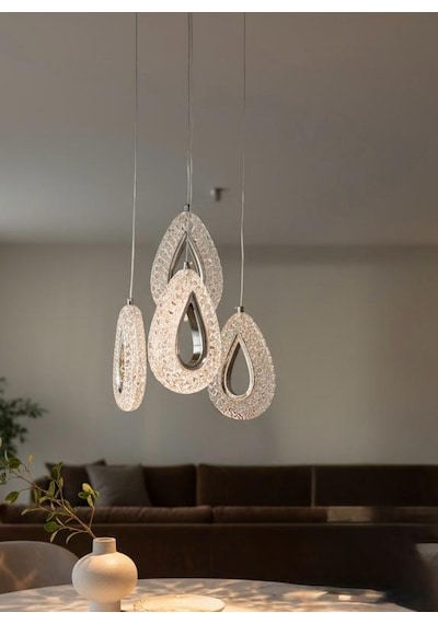 3 Renk 4 Lü Kristal Damla Sarkıt Model Lüx Avize Krom - Gümüş