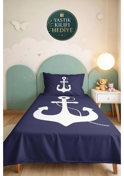 Lacivert Marine Çapa Genç Odası Tek Kişilik Pike Takımı - Nautical 160x220 Cm Kapitone Yatak Örtüsü Eski Doku Katmanı
