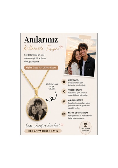 Doğaltaş Kişiye Özel Lazer İşleme Yuvarlak Kolye Gold Altın