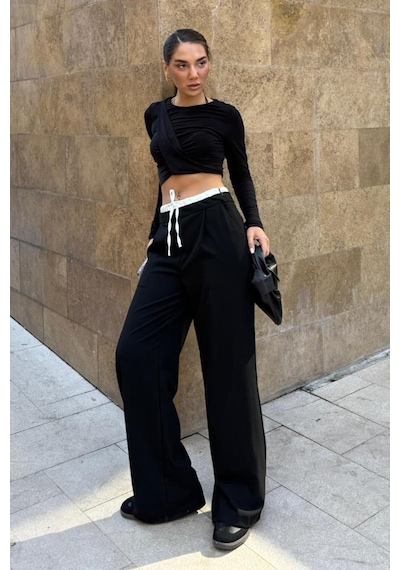 Madmext Siyah Çift Bel Bantlı Wide Leg Kadın Pantolon Mg2551 Siyah