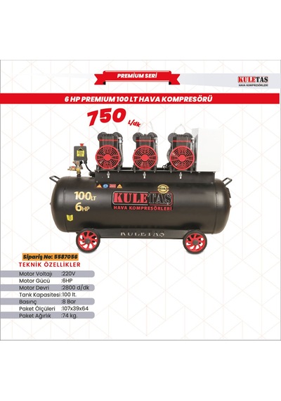 Kuletaş 100litre 6hp Premium Hava Kompresörü Sessiz Dental