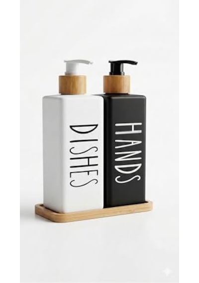 Premium Mat Siyah & Beyaz Mutfak Sabunluk Seti - Bambu Tepsili 2x450ml Bulaşık Deterjanı Ve Sıvı Sabun Pompası Hands & Dishes 000 Açık Krem