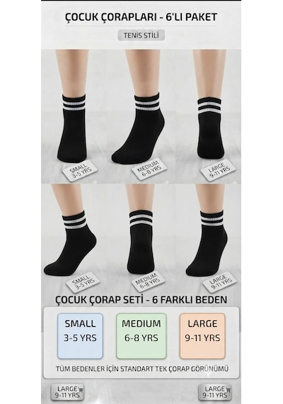 Km Collections 6'lı Çocuk Tenis Çorabı Siyah