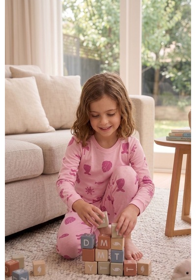 Zuzunga Deniz Temalı Pembe Renk %100 Pamuk Kız Çocuk Pijama Takımı Pudra