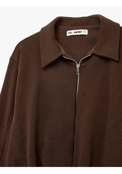 Koton Rahat Kalıp Uzun Kollu Polo Yaka Fermuarlı Sweatshirt Kahverengi 6sal10330ık Kahve