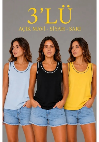 Etiler Collection 3 Lü Kolsuz Sporcu Atlet Seti Yazlık Bisiklet Yakalı - Sarı, Siyah, Bebe Mavisi Çok Renkli