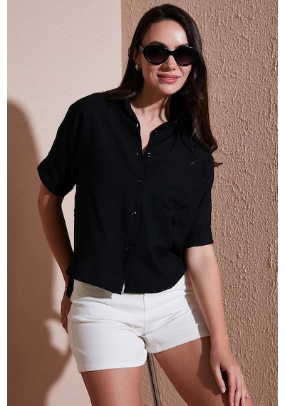 Lela Regular Fit Göğüs Cepli Kısa Kollu Bayan Gömlek 6779324 Siyah