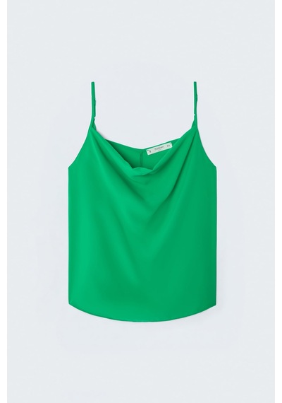 Sateen Askılı Degaje Yaka Bluz - Yeşil-137671