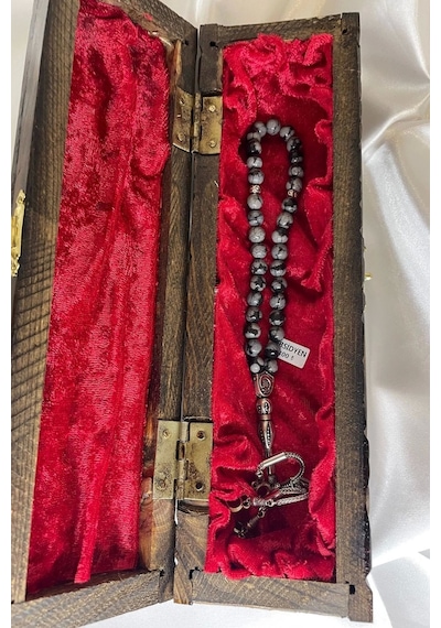 Tespih Obsidyen Doğal Taş Tesbih Gümüş İmameli Aura Taşı Ahşap Kutulu